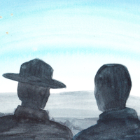 outline of two men at dusk